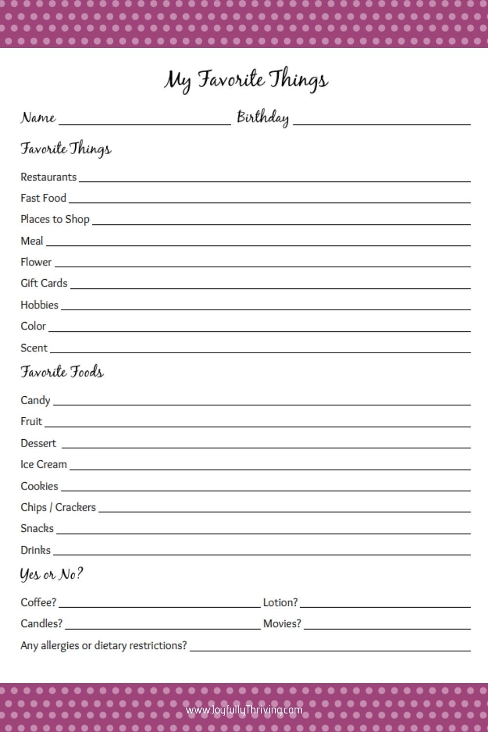 my favorite things list - free printable gift ideas for teachers